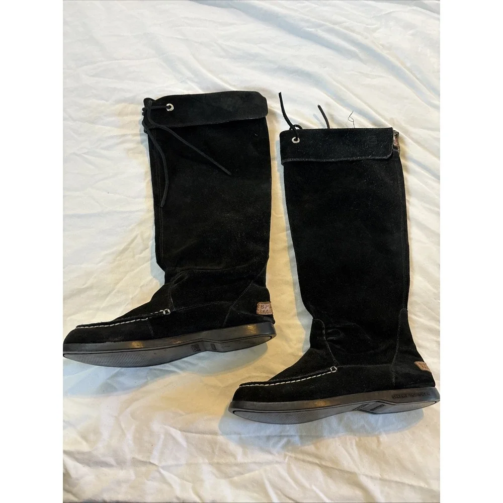 SPERRY TOP SIDER BLACK‎ LEATHER KNEE HIGH CUFFED SLOUCH BOOTS Women's Size 7 M